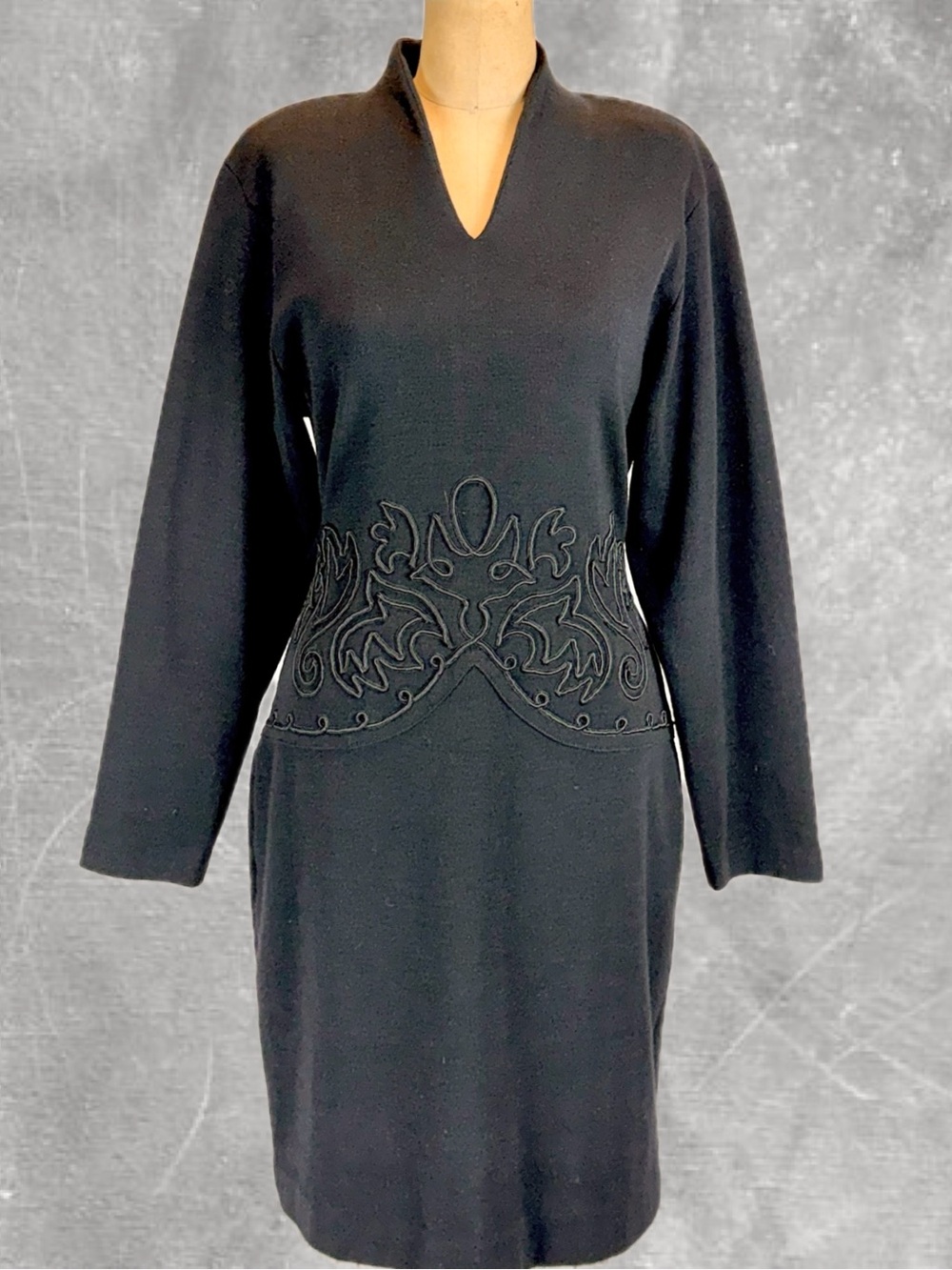 VINTAGE 80s wool dress midi long sleeve black embroidered waist dressy fancy
